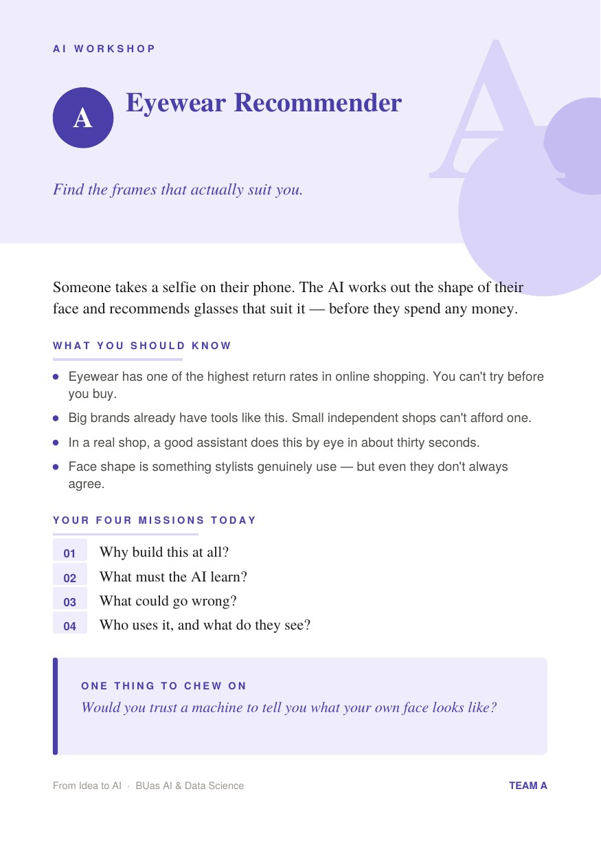 Project card A, Eyewear Recommender, with the four missions and a question to chew on